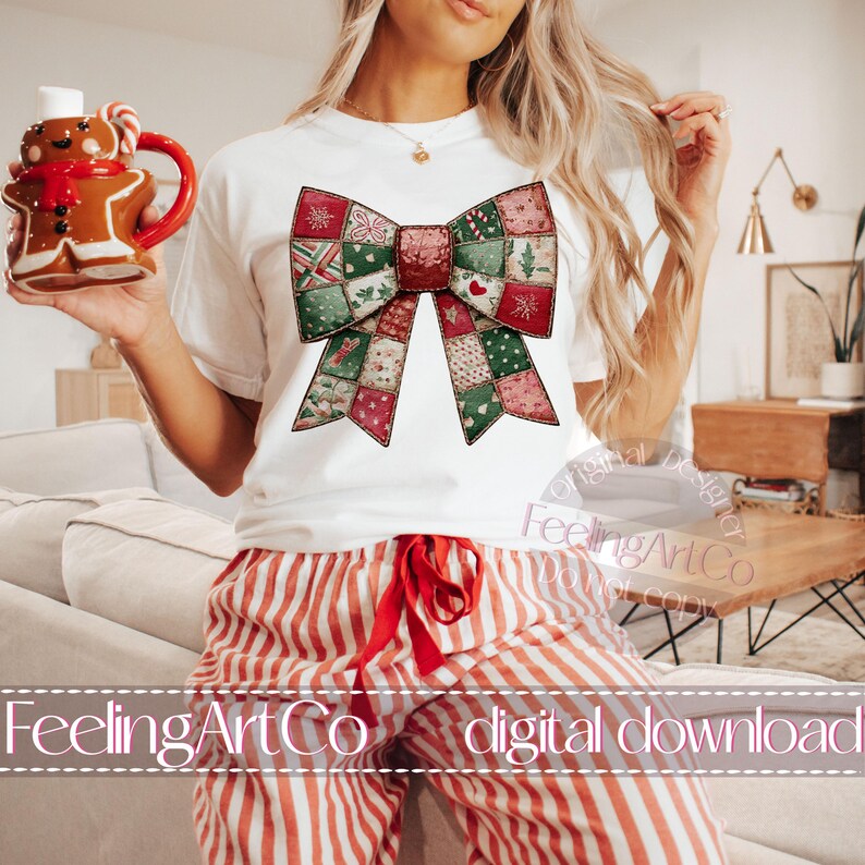 May include: White t-shirt featuring a large, patchwork bow design in red, green, and white. The bow has a variety of holiday-themed patterns. The text "FeelingArtCo digital download" is at the bottom of the image.