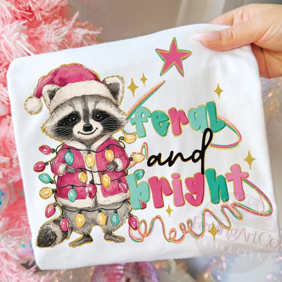 Feral and Bright PNG, Preppy Christmas Png, Coquette Christmas Raccoon Design, Xmas Lights and Santa Hat, Merry and Bright, Retro Xmas png