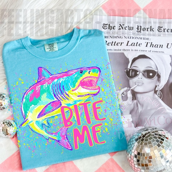 Bite Me Shark PNG, Funny Beach Summer Design, Neon Coastal Shark Graphic, Boutique Vacation Summer PNG