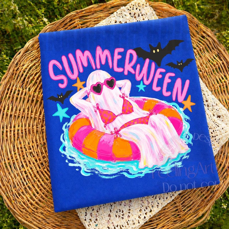 K&ouml;nnte beinhalten: Blaues T-Shirt mit dem Wort "SUMMERWEEN" in Pink und Wei&szlig;. Die Grafik zeigt einen Geist mit herzf&ouml;rmiger Sonnenbrille und Bikini, der auf einem rosa-orangenen Schwimmring mit Flederm&auml;usen und Sternen schwimmt.
