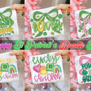 May include: A bundle of white t-shirts with St. Patrick's Day designs. Each shirt features a green bow and text like "Irish today, hangover tomorrow" or "Lucky Charm". The text "Preppy St Patrick's Bundle Pack" is also visible.