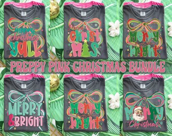 Preppy Pink Christmas Bundle PNG, Retro Christmas Bundle Png, Christmas Bow, Santa Claus, Merry And Bright Png, Merry Christmas Sublimation
