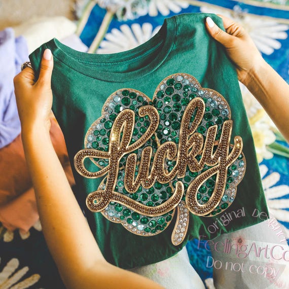 Lucky Clover PNG, St Patrick’s Day Design, Green Gold Shamrock Rhinestone Style, Irish Lucky Charm Shirt Print, St Patrick's Graphic