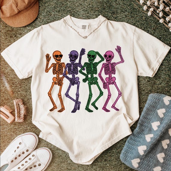 Colorful Dancing Skeletons PNG, Retro Neon Halloween Sublimation, Funny Spooky Vibes, Bright Skeleton Digital Design