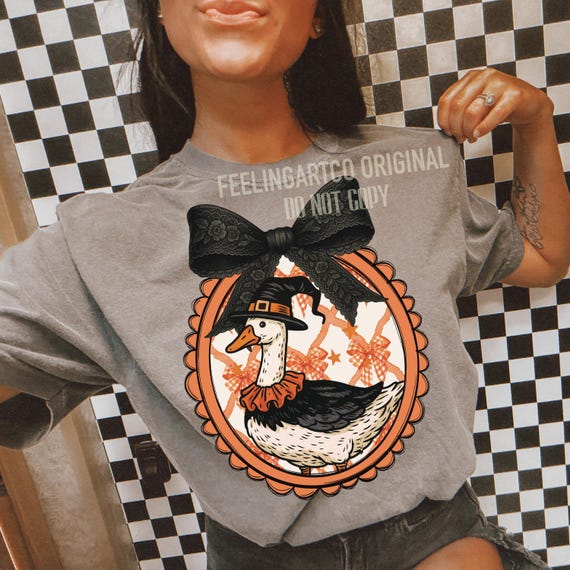 Witch Goose Halloween PNG for Sublimation, Cute Coquette Goose with Hat and Bow, Vintage Fall PNG, Retro Halloween Goose Digital Download