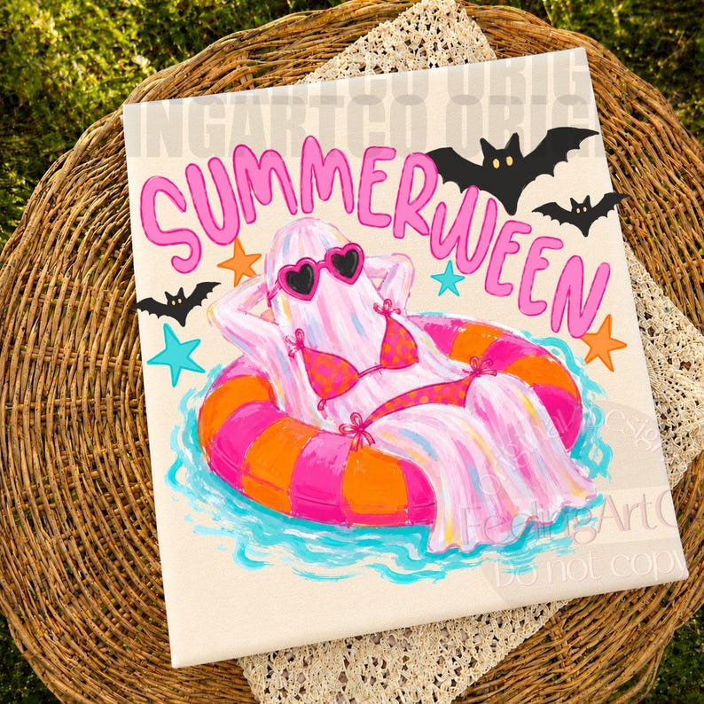 K&ouml;nnte beinhalten: Leinwanddruck mit einem Geist, der eine Herzsonnenbrille und einen Bikini tr&auml;gt und in einem rosa-orangenen Schwimmring entspannt. &Uuml;ber dem Geist steht das Wort "Summerween", mit Fledermaus- und Sternakzenten.