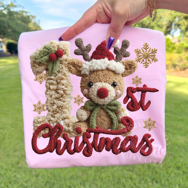 First Christmas PNG, Cute Reindeer Baby Shirt Design, Cozy Yarn Style ...