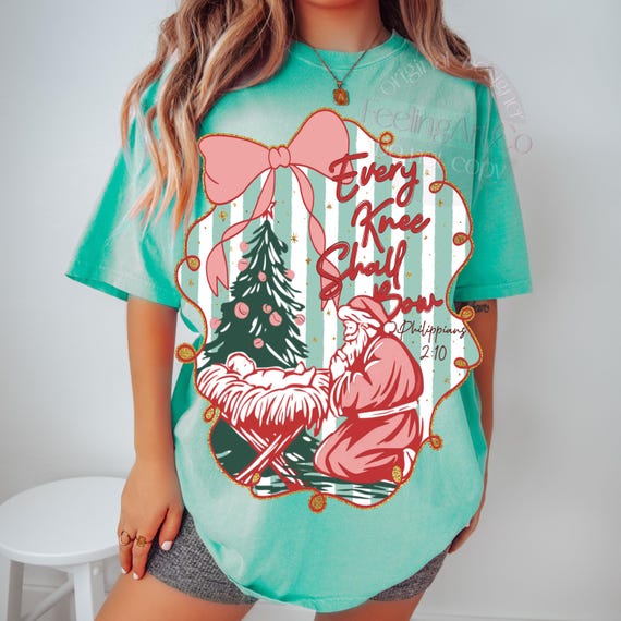 Preppy Christian Christmas, Every Knee Shall Bow PNG, Coquette Christmas Nativity Design, Santa Kneeling Before Jesus, Faith Sublimation