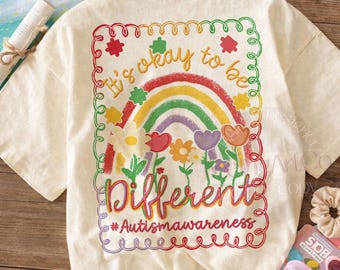 Autism Awareness PNG, It’s Okay to Be Different Shirt Design, Preppy Girly Rainbow Graphic