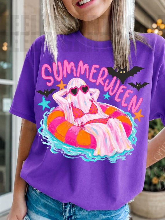 Summer Halloween PNG, Preppy Ghost Pool Float Design, Funny Spooky Summer Graphic, Pink Halloween Vacation Sublimation Print