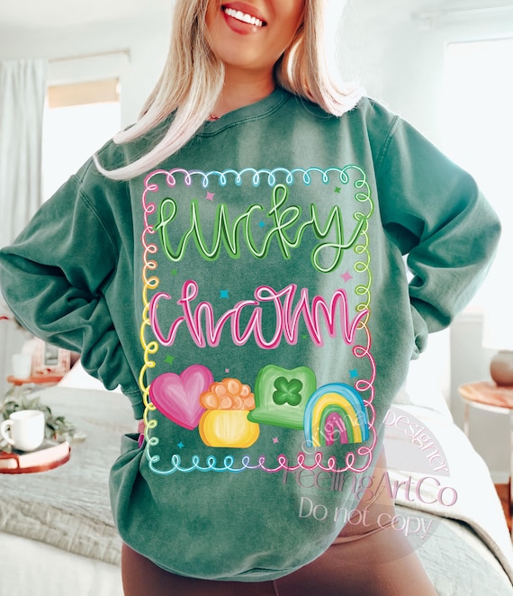 Preppy Lucky Charm PNG, St Patrick Graphic, St Patrick's Day, Irish Girly png, Rainbow Clover Pot of Gold Hearts
