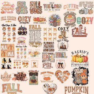 May include: A collection of 25 digital designs featuring fall-themed graphics. The designs include pumpkins, fall leaves, turkeys, and other autumnal imagery. The designs are perfect for use on t-shirts, mugs, tote bags, and other merchandise.