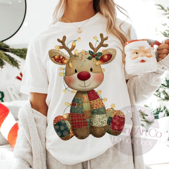 Patchwork Reindeer with Christmas Lights PNG, Rustic Holiday Reindeer Sublimation, Cozy Winter Patchwork Reindeer Design, Merry Xmas PNG