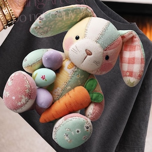 Crochet Easter Bunny PNG, Patchwork Plush Rabbit Doll Cute Pastel Spring Aesthetic Design for Printing