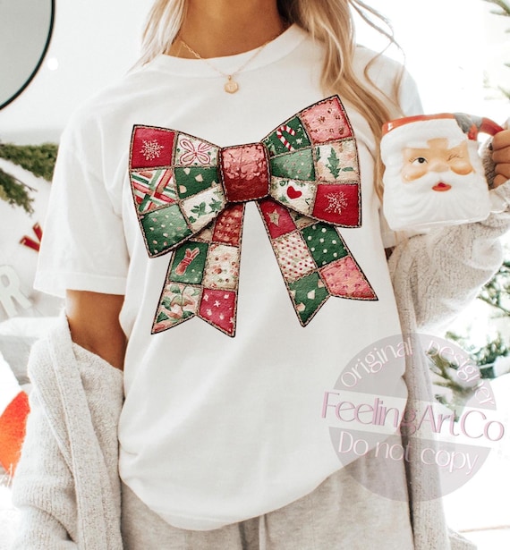 Christmas Patchwork Bow PNG, Rustic Holiday Ribbon Sublimation Design, Vintage Quilt Style Festive, Christmas Clipart Digital Download