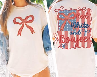 Red White and Boujee PNG, Cute Coquette 4th of July Sublimation Design with Bows and Flag, Patriotic Girly USA Shirt File, Digital Download
