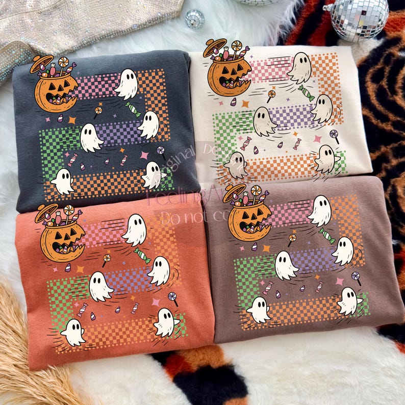 May include: Four sweatshirts in various colors, each featuring a Halloween-themed design. The design includes a jack-o'-lantern with candy, ghosts, and candy. The background has a checkered pattern and horizontal stripes in different colors.