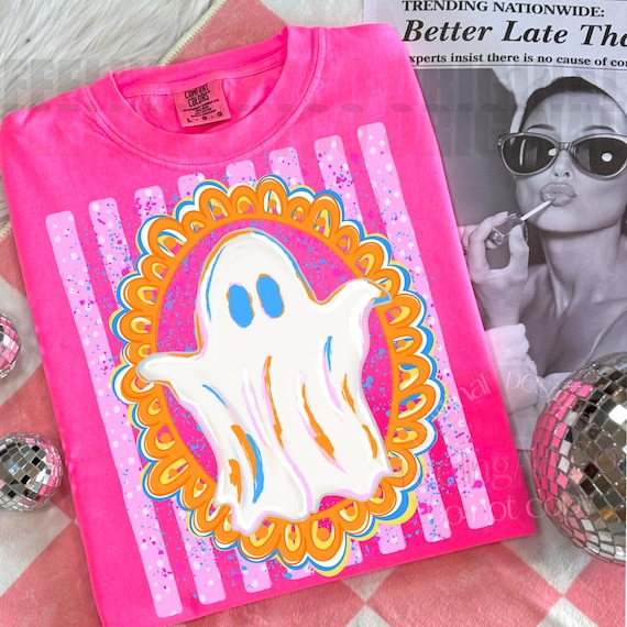 Preppy Ghost PNG, Girly Halloween Graphic, Hand Drawn Coquette Shirt Design, Retro Spooky Season PNG