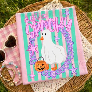 May include: A light pink t-shirt with teal vertical stripes featuring a white ghost wearing a sheet, holding an orange jack-o'-lantern, surrounded by a purple scalloped oval frame and pink stars, with the text Just a SPOOKY printed above.