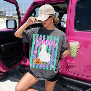 May include: A charcoal gray short-sleeve t-shirt featuring a graphic of a white ghost duck holding an orange jack-o'-lantern bucket. The design includes the text "Just a SPOOKY" in pink, set against a background of teal vertical stripes and purple stars.