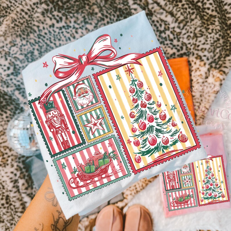 May include: A light blue gift wrap with a red bow and a collection of Christmas-themed postage stamp designs. The stamps feature a Christmas tree, Santa Claus, a nutcracker, and a sleigh filled with gifts. The design is festive and colorful.