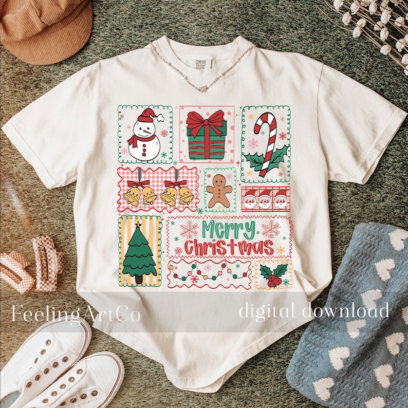 May include: Cream-colored t-shirt featuring a festive Christmas design. The design includes a snowman, wrapped gift, candy cane, bells, gingerbread man, Santa faces, Christmas tree, and the words "Merry Christmas." The shirt is a digital download.