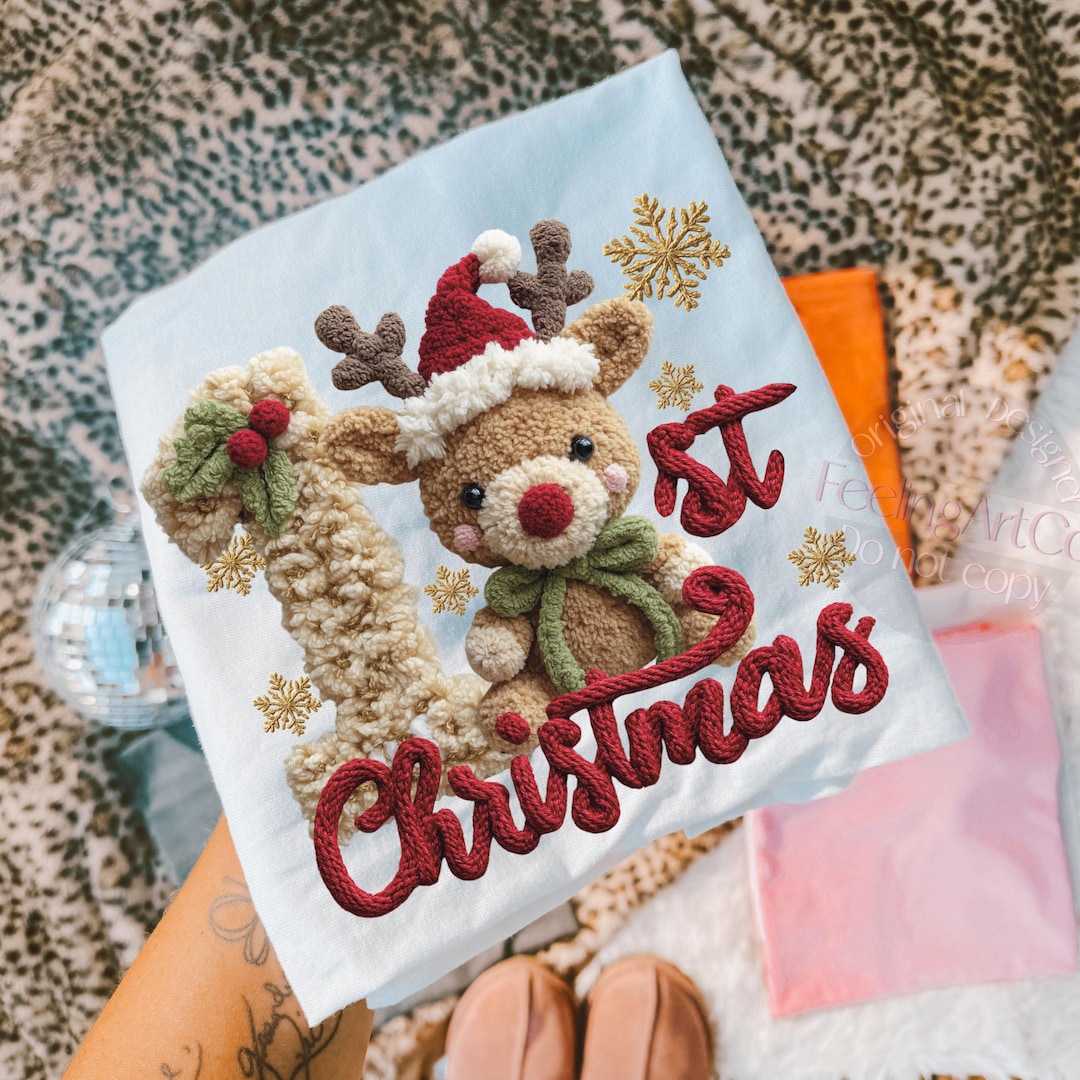 First Christmas PNG, Cute Reindeer Baby Shirt Design, Cozy Yarn Style ...