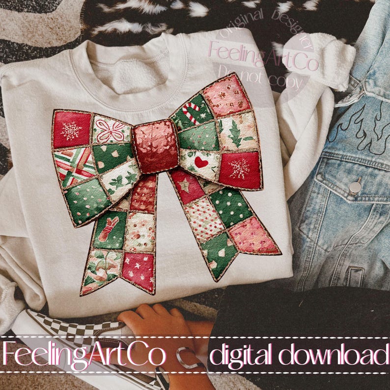 May include: A cream-colored sweatshirt featuring a large, patchwork bow design in red, green, and pink. The bow is decorated with festive patterns including snowflakes, hearts, and floral motifs. The text "FeelingArtCo digital download" is visible.