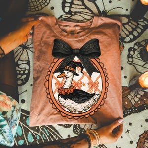 Peut inclure: Un t-shirt p&ecirc;che avec une illustration fantaisiste d'une oie portant un chapeau de sorci&egrave;re et un col &agrave; volants, encadr&eacute;e d'un n&oelig;ud noir. Le motif est ins&eacute;r&eacute; dans un cadre ovale avec un fond &agrave; motifs de n&oelig;uds. Le t-shirt est pli&eacute;.