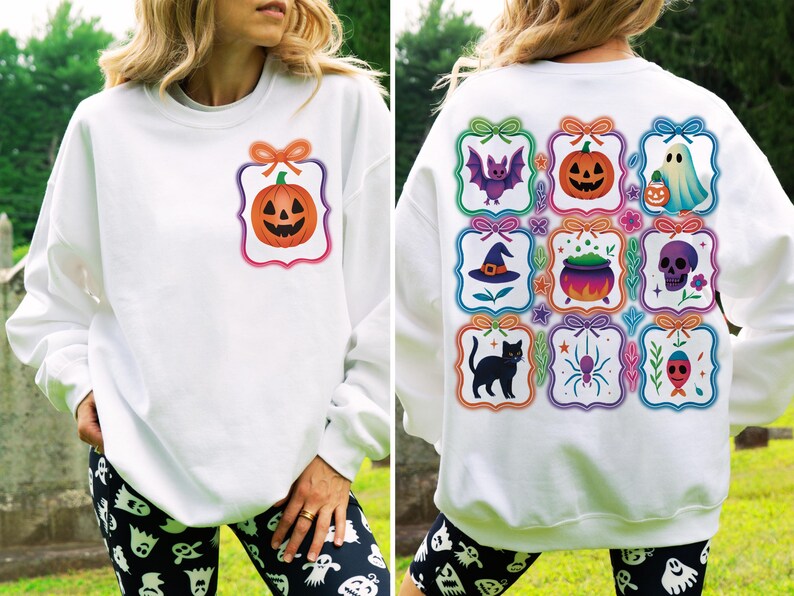 May include: White Halloween-themed sweatshirt with a pumpkin graphic on the front and various Halloween icons on the back. The back features a bat, pumpkin, ghost, witch hat, cauldron, skull, black cat, spider, and fish.