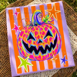 May include: A colorful Halloween-themed square canvas featuring a vibrant jack-o'-lantern with a carved face. The pumpkin is decorated with pink, yellow, and orange spots and stripes. The background has orange vertical stripes on a lavender field, with star accents.