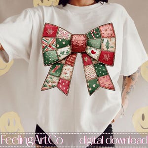 May include: White t-shirt featuring a large, patchwork bow design in red, green, and pink. The bow has a variety of Christmas-themed patterns, including snowflakes and candy canes. The text "FeelingArtCo digital download" is at the bottom.