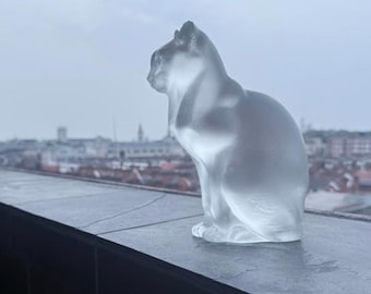 Lalique Sitting Cat Frosted Crystal Figurine Large Sculpture