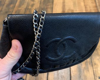 Authentic Chanel Half Moon Flap Bag in Black Caviar Leather | Silver Hardware | Vintage Classic Chain Shoulder Bag
