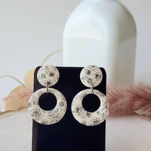 Handmade Rose Earrings: Black & White Floral Polymer Clay Studs