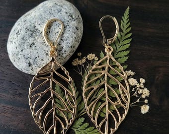 Gold Leaf Dangle Earrings, Nature Inspired Vine Jewelry, Boho Gold Leaf Earrings, Hollow Tropical Leaf Drops, Lightweight, Botanical Jewelry