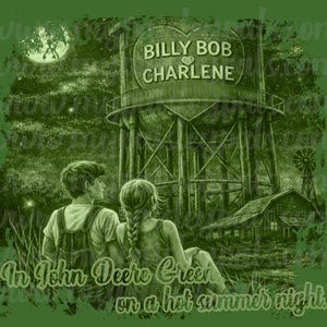 May include: A green-toned illustration depicts a water tower with "Billy Bob Charlene" on it, a couple, a barn, and a windmill under a starry sky. Text reads "In John Deere Green on a hot summer night."
