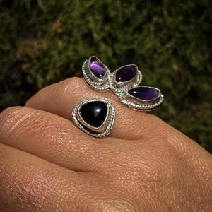 Amethyst & Onyx Triple Moon Ring - Size 4