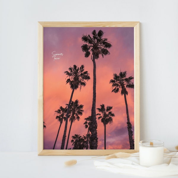 Sunset Palm Trees Print, Printable Summer Palm Print, Palm Tree Print, Pink Palm Tree Poster, Cute Coastal Print, Pink Print, Orange Print