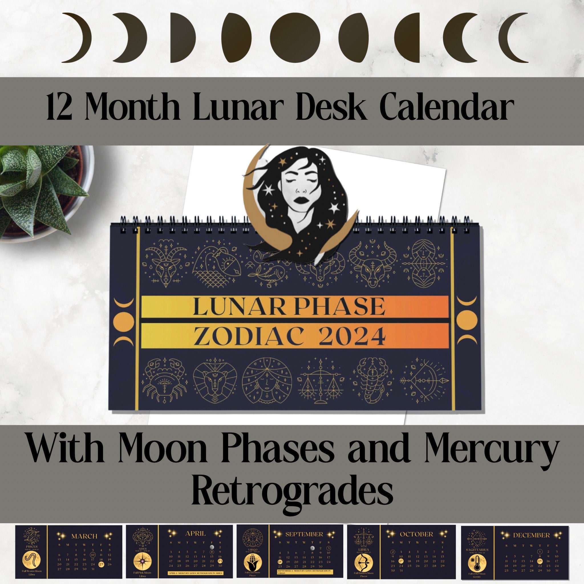 2024 Lunar Phase Astrological Desk Calendarlunar Etsy