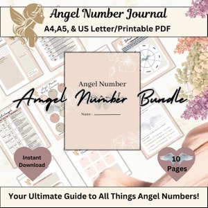 Peut inclure: Un lot de journaux de numéros d'anges imprimables de 10 pages. La couverture présente un fond rose avec des motifs floraux blancs et le texte "Angel Number Bundle".
