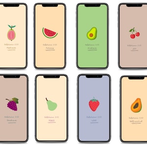 May include: Eight phone screen wallpapers featuring various fruits and the text "Galatians 5:22" alongside a word associated with the fruit. The fruits depicted are a guava, watermelon, avocado, cherries, grapes, pear, strawberry, and papaya.