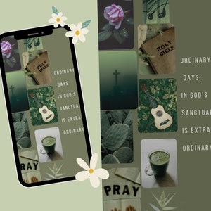 May include: A collage of images on a phone screen, featuring a green background with a ukulele, a cross, a cactus, a glass of green juice, a book with the words "Holy Bible" on the cover, and the words "Ordinary Days in God's Sanctuary is Extra Ordinary".