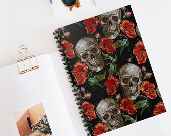 Skull and Poppy Spiral Notebook with Pocket - Small | Poppy Notebook | Witchy Journal | Gothic Notebook | Skulls Poppies