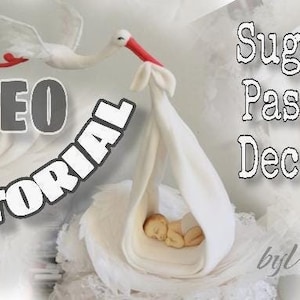 May include: A white stork figurine holding a white blanket with a baby figurine inside. The text "VIDEO TUTORIAL" is in the foreground. The text "Sugar Paste Decor by lronska" is in the background.