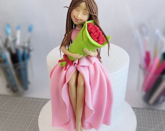 video lesson fondant caketopper sweet girl with flowers for st valentine's day, видео урок декор торта девушка с цветами на день влюбленных