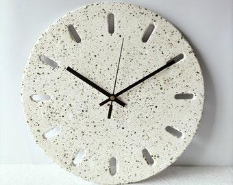 Contemporary White Textured Wall Clock, Modern Concrete design, Unique Wall Decor, Terrazzo Finish, Silent Mechanism, Xmas gift for the home