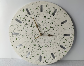 Handmade Wall Clock, Green crushed glass in terrazzo finish, Unique Wall decor, Christmas gift for the home, Silent Mechanism