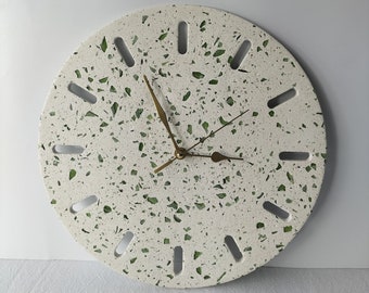 Handmade Wall Clock, Green crushed glass in terrazzo finish, Unique Wall decor, Christmas gift for the home, Silent Mechanism