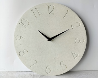 Textured White Numbered Wall Clock, Concrete wall decor, Silent mechanism, Elegant and Simple design, Christmas gift for the house